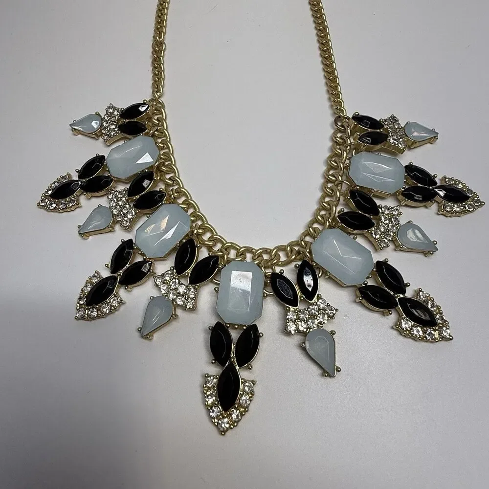 Talbots Blue And Black Rhinestone Gold Tone Chain Link Statement Necklace